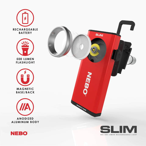 Slim 6694 red rechargeable flashlight delivers 500 lumens of bright COB LED power with dimming memory recall, pocket clip visible.