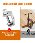 No Fuss 304 Stainless Steel C Clamps 2 Pack Big Jaw G Clamps waterproof and rustproof comparison image.
