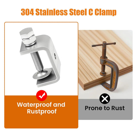 No Fuss 304 Stainless Steel C Clamps 2 Pack Big Jaw G Clamps waterproof and rustproof comparison image.