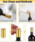 Premium Pvc Heat Shrink Wine Bottle Caps 120 Pieces Assorted Pack shown in use with boiling water and hair dryer for sealing bottles.