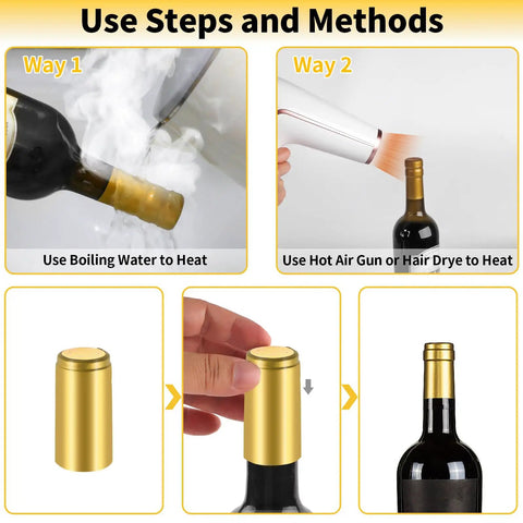 Premium Pvc Heat Shrink Wine Bottle Caps 120 Pieces Assorted Pack shown in use with boiling water and hair dryer for sealing bottles.