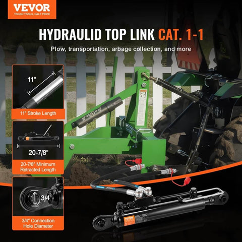 Cat 1-1 Hydraulic Top Link For Tractors, 11 Inch Stroke, Retracted Length About 20.88 Inches, Extended Length Up To 31.88 Inches
