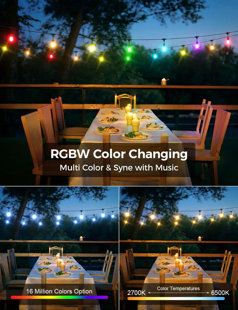 Smart Outdoor String Lights 49 Ft RGBW With 15 LED Bulbs App And WiFi Control Alexa Compatible IP65 Waterproof on a patio at night