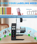 Automatic Label Dispenser For Adhesive Sticker Rolls with sensor display, showcasing label compatibility and exclusions.