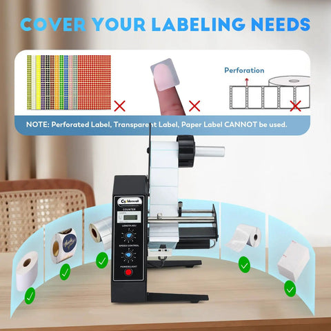 Automatic Label Dispenser For Adhesive Sticker Rolls with sensor display, showcasing label compatibility and exclusions.