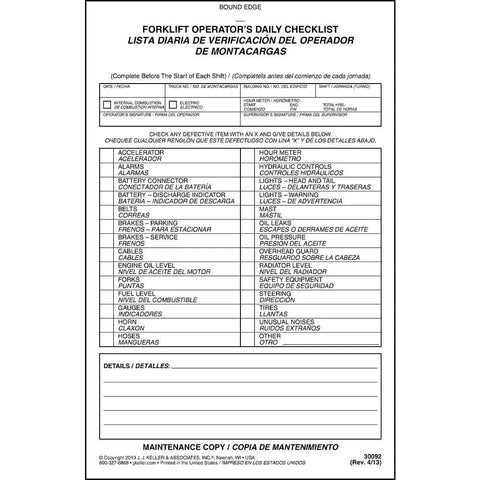 No Sweat Forklift Operator Daily Checklist Log Book 10 Pack with bilingual safety inspection format and detailed checklist.