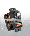 Two Pack 5G Mini Digital RC Servo with Plastic Gear submerged in water, showcasing durability for RC cars, planes, and robots.
