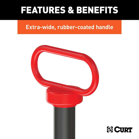 Close-up of 1-Inch By 5-1/2-Inch Clevis Pin Hitch With Rubber-Coated Handle And Clip, showcasing its red rubber-coated handle.