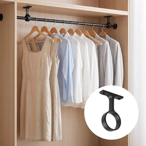 Closet with clothes on rod supported by Two Packs One And A Quarter Inch Heavy Duty Closet Rod Brackets In Stainless Steel Rustproof Flange Ends
