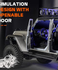 1/12 Scale RC Crawler MN128 4x4 Off Road Jeep Truck With Realistic Body, open doors showcasing interior, purple LED lights