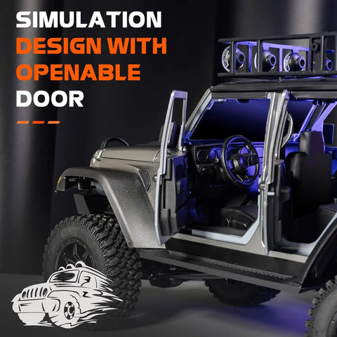 1/12 Scale RC Crawler MN128 4x4 Off Road Jeep Truck With Realistic Body, open doors showcasing interior, purple LED lights