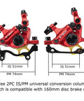 Front view of red aluminum MTB hydraulic disc brake calipers (pair) with IS/PM universal adapter for front and rear use.