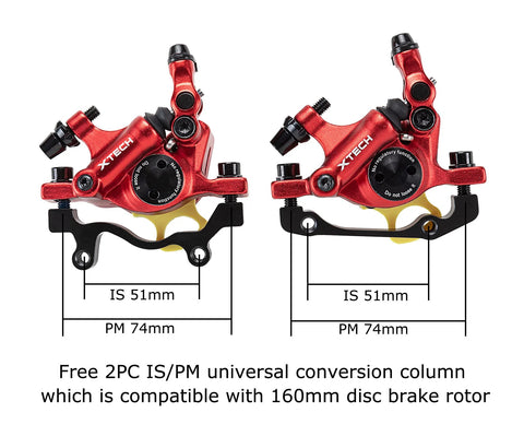 Front view of red aluminum MTB hydraulic disc brake calipers (pair) with IS/PM universal adapter for front and rear use.