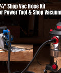 15 Ft Super Flexible Dust Collection Hose Kit For Woodworking Tools With 2 Fittings And Quick Change Adapters Kink Free EVA Vacuum Hose For Home Shops And Wet Dry Vacuums connected from power tool to shop vacuum.