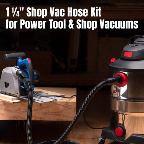 15 Ft Dust Collection Hose Kit With 2 Quick Change Adapters connected to power tool and shop vacuum in workshop setting.