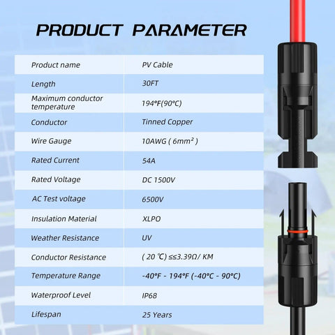 Specifications sheet for Two 30 Ft 10 AWG Solar Panel Extension Cables With Waterproof Male And Female Connectors