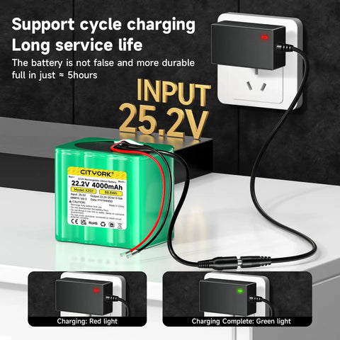 High Capacity 24V Lithium Battery 4000mAh 96Wh with Charger showing cycle charging support