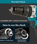 Pro Gear Brushless Cordless Drill Driver Kit With Bright Led Light And Heavy Duty Toolbox Included Quick Charge Battery close-up of fine steel chuck.
