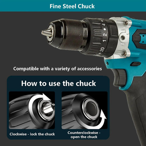 Pro Gear Brushless Cordless Drill Driver Kit With Bright Led Light And Heavy Duty Toolbox Included Quick Charge Battery close-up of fine steel chuck.