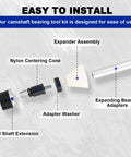 Universal Cam Bearing Tool Kit parts illustration, including tool shaft extension, adapter washer, nylon centering cone, expander assembly.