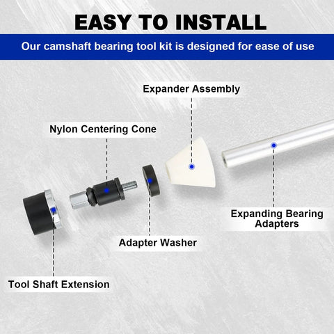 Universal Cam Bearing Tool Kit parts illustration, including tool shaft extension, adapter washer, nylon centering cone, expander assembly.