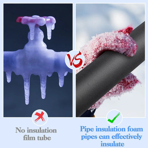 Comparison of unprotected frozen pipe vs. insulated pipe using 10 Pack Insulation Foam Tubes With Elbow For Outdoor Water Pipes 0.86 Inch Inner Diameter Black Pipe Wrap Freeze Protection Covers No Freeze Drama This Winter