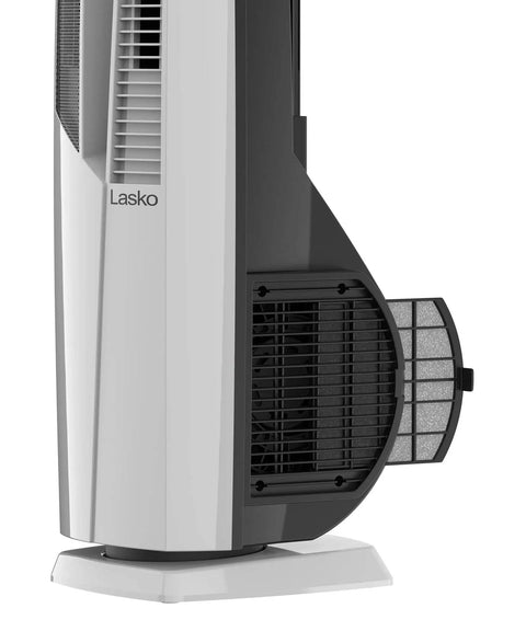 Side view of All Season Hybrid Oscillating Fan And Space Heater For Home Use With Remote Control Timer Thermostat Tip Over Switch 1500W Ceramic Heater And High Velocity Tower Fan 37.5 Inches White.