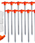 10 metal tent stakes with orange tops, white rope, 11 Inch Tent Stakes 10 Pack Heavy Duty Ground Anchors for Outdoor Camping and Gazebo Setup