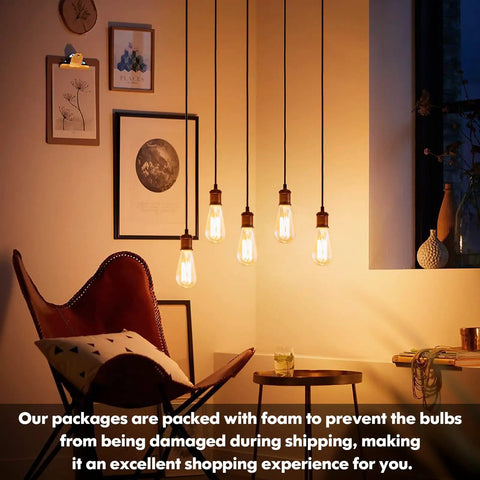 Cozy room with 60 Watt Incandescent Edison Light Bulbs Set Vintage Dimmable E26 ST64 Warm White Amber Filament Lamps 4 Pack