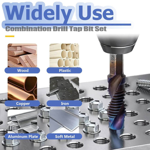 6-piece HSS drill and tap bit set with blue-coated hex shank; packaging shows various material icons.