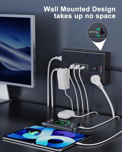 Heavy Duty 16 Outlet Surge Protector Power Strip With Six USB Ports Including USB-C And USB-A 6.5 Foot Flat Plug Extension Cord Overload Protection Ideal Home Office Charging Station For Desktops And Gadgets