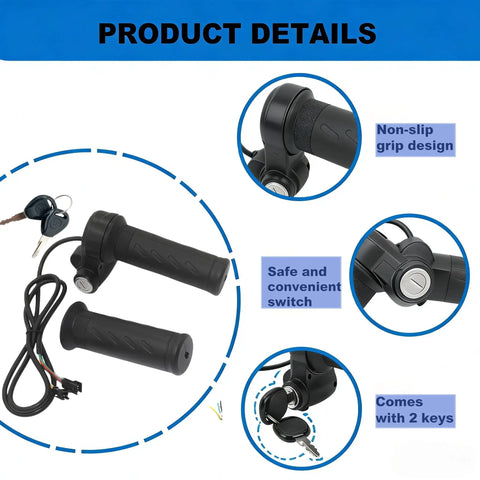Full Twist Throttle Grip With 2 Keys For E Bikes, Smooth Acceleration, Ergonomic Handle, Fits Ridstar Q20 Q20 Pro Q20 Lite H20 H26 Pro And Most E Bikes On Standard Seven Eighths Inch Handlebars, Black