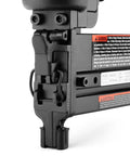 Close-up of the 18 Gauge One Quarter Inch Narrow Crown Stapler with Pro Grade No Mar Tip used in woodworking and DIY projects.