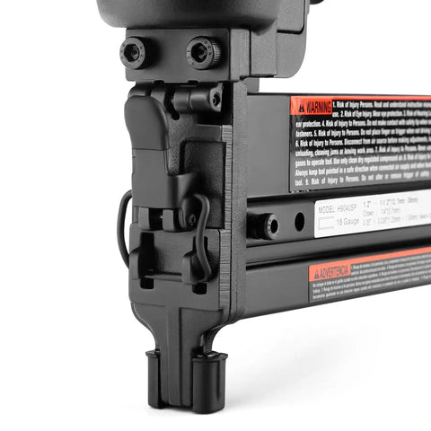 Close-up of the 18 Gauge One Quarter Inch Narrow Crown Stapler with Pro Grade No Mar Tip used in woodworking and DIY projects.