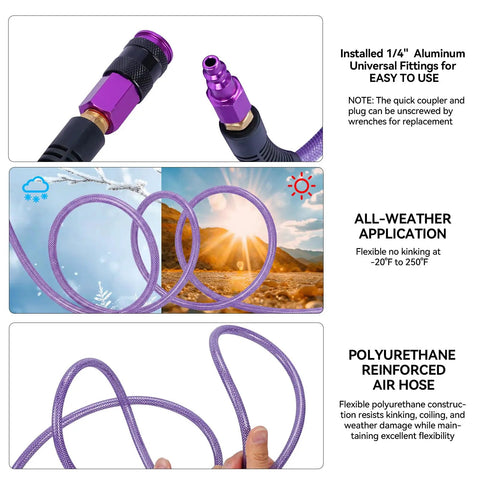 Badass Heavy Duty 100 Ft 1/4 Inch Reinforced Polyurethane Air Hose With Flexible Lightweight Build Featuring Swivel Quick Coupler Plug Plus Bend Guard For Shop Setup showing aluminum fittings and flexible design.