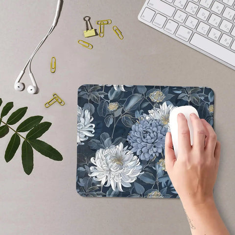 Person using Blue And White Floral Mouse Pad With Gold Chrysanthemum Accent, Luxury Desk Mat For Home Office