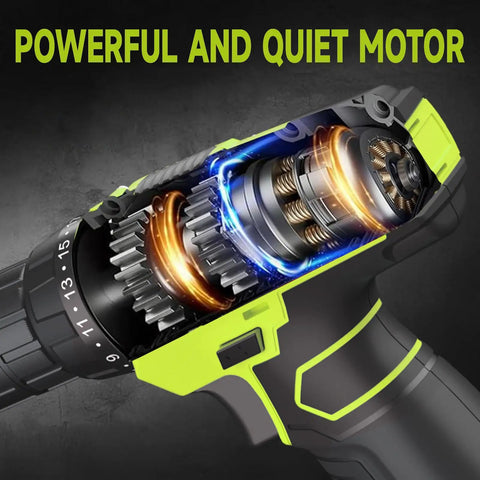 Cutaway view of 12V Cordless Drill Set With Battery And Charger, Lightweight And Compact, showing internal motor gears.