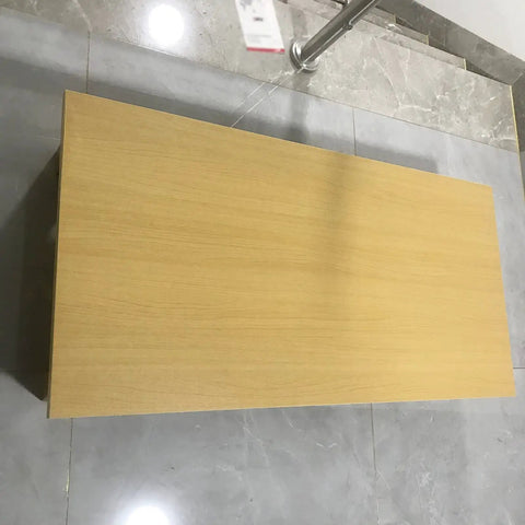 Heavy Duty Extra Wide Wood Desktop Surface For Home Office Standing Desk Setup viewed from above on tile flooring.