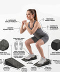 2 Pack Premium Heel Elevated Squat Wedges With Non Slip Grip For Hella Deep Squats Ankle Mobility And Calf Stretching, black rubber, demonstrating squat form.