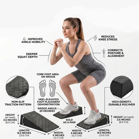 2 Pack Premium Heel Elevated Squat Wedges With Non Slip Grip For Hella Deep Squats Ankle Mobility And Calf Stretching, black rubber, demonstrating squat form.