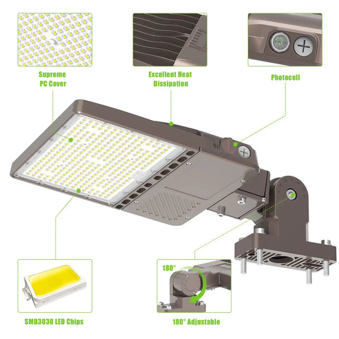 Beastly Bright 150W LED Parking Lot Light With Photocell showcasing features like PC cover, heat dissipation, and adjustable mount.