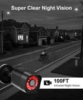 Four Channel 1080P Wired Home Security Camera System With 512GB HDD monitoring street with night vision, showing cyclist.