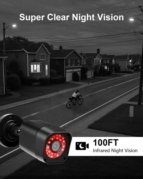Four Channel 1080P Wired Home Security Camera System With 512GB HDD monitoring street with night vision, showing cyclist.