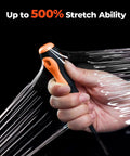 Hand holding the Beefy Heavy Duty Stretch Wrap With Handles 15 Inch X 1000 Feet 60 Gauge, showcasing 500% stretch ability.
