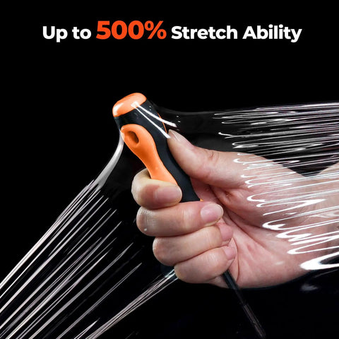 Hand holding the Beefy Heavy Duty Stretch Wrap With Handles 15 Inch X 1000 Feet 60 Gauge, showcasing 500% stretch ability.