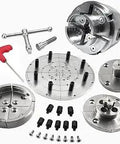 Three Point Seven Five Inch Four Jaw Wood Turning Lathe Chuck Nickel Plated With Laser Etched Jaw Set T Bar Wrench And Six Point Star Fasteners One Inch By Eight TPI Thread Built Tough For Heavy Duty Grip displayed with components