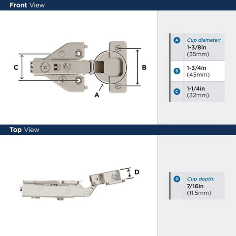Front and top view of Premium Face Frame Cabinet Hinges With Soft Close For Kitchens And Baths One Half Inch Overlay Euro Concealed 105 Degree Opening Three Way Adjustment Two Pack With Dowels And Mounting Hardware Amerock with dimensions shown.