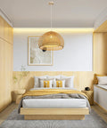 Natural Bamboo Pendant Light With Handwoven Wicker Lampshade And Wood Canopy Eco Friendly Ceiling Fixture over bedroom bed.