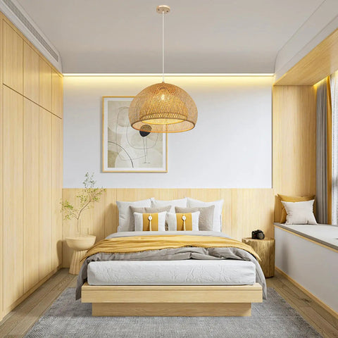 Natural Bamboo Pendant Light With Handwoven Wicker Lampshade And Wood Canopy Eco Friendly Ceiling Fixture over bedroom bed.