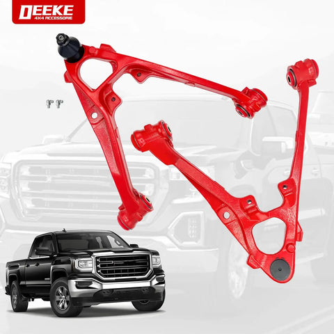 Chevy Front Lower Control Arms For 2007 2013 Silverado 1500 Suburban 1500 Avalanche Tahoe GMC Sierra 1500 Yukon XL 1500 Yukon Cadillac Escalade Ext Esv 2 Piece Set Driver And Passenger Side Replacement, red cast iron, front view